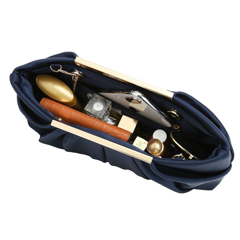 CHARMING TAILOR Clutch Evening Bag Elegant Pleated Satin Formal Handbag Simple Classy Purse for Women (Navy) - Image 3